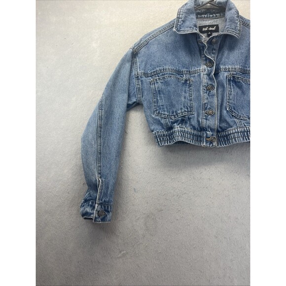 Wet Seal Blue Denim Button Front Cropped Jean Jacket S Stretch Waist Vintage Y2K - Picture 4 of 8